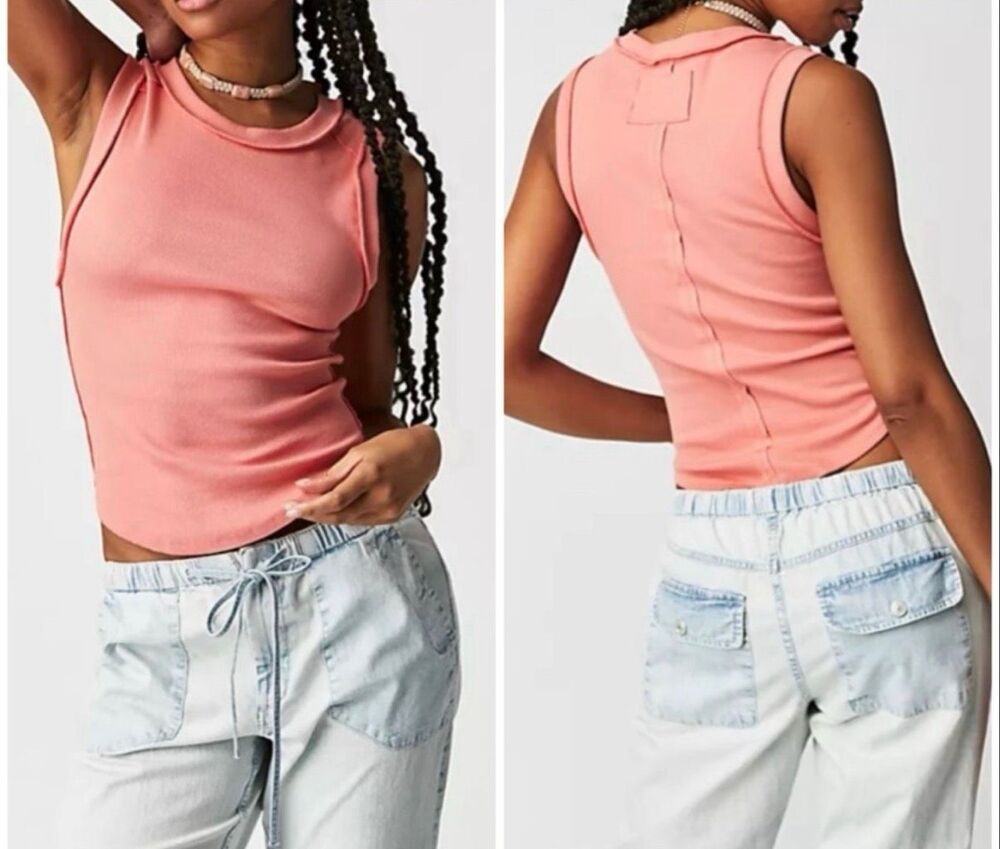 Free People We The Free Kate Ribbed Stretch Tank Top coral Womens S NEW